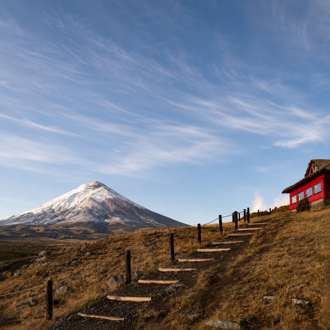 Snow-capped volcano rising above high-Andean grassland